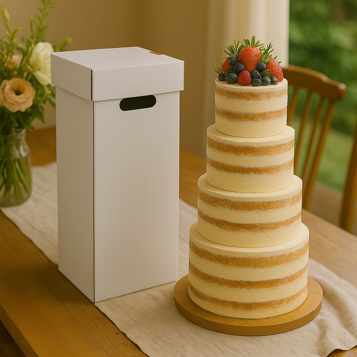 Extra Secure Grandeur Tall Tier Heavy-Duty White Cake Box with Handle (22" Tall)